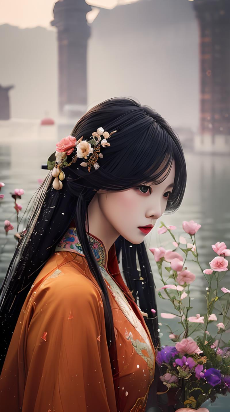 02495-2760201433-a woman with long black hair is surrounded by water with flowers, in the style of dreamlike realism, dark gray and orange, han d.png